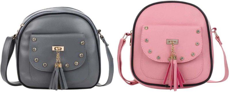 Grey, Pink Girls Sling Bag - Medium  (Pack of 2)