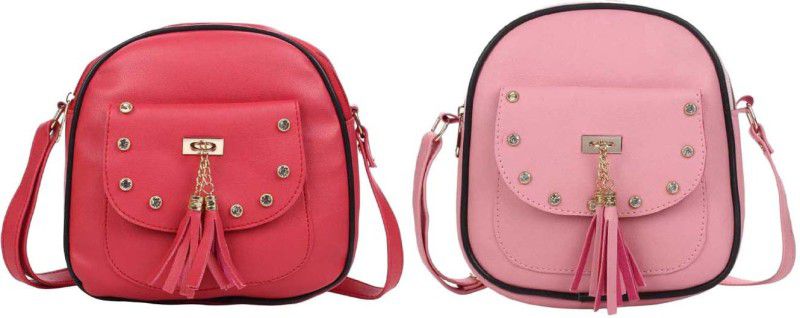 Red, Pink Girls Sling Bag - Medium  (Pack of 2)