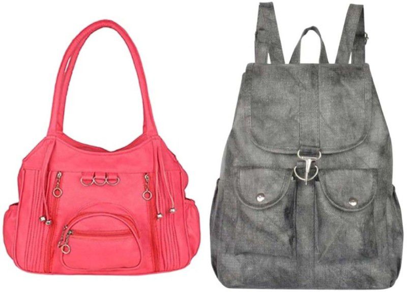 Girls Grey, Pink Handbag - Extra Spacious  (Pack of: 2)