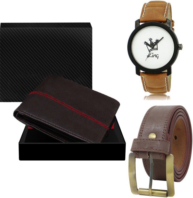 SWIFFIN Belt, Wallet & Watch Combo  (Black, Brown, Brown)