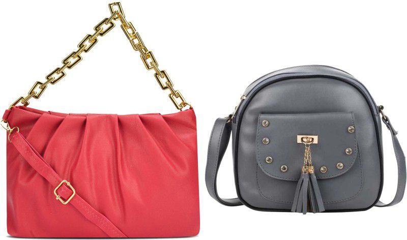 Red, Grey Sling Bag HB-99-red-gldn-chain+gry-vellori-sider-bag-cmbo  (Pack of 2)