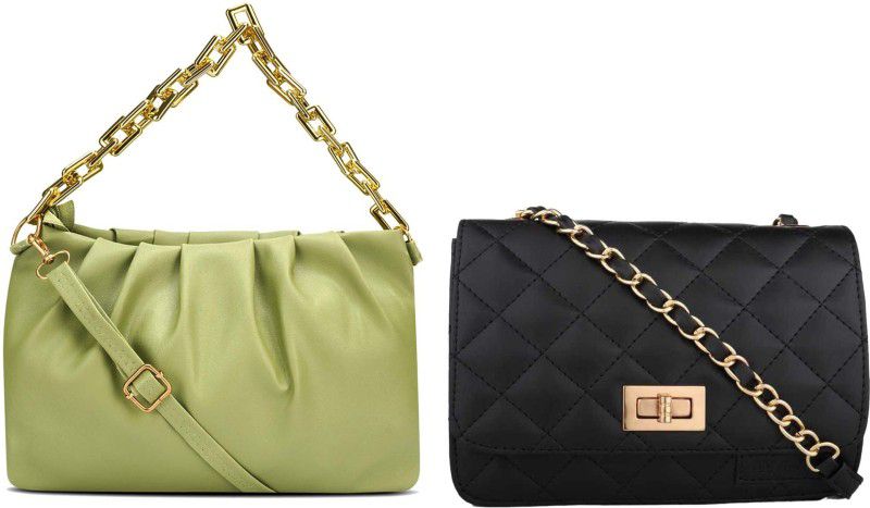 Green, Black Sling Bag HB-97-grn-gldn-chain+blk-biskt-sider-bag-cmbo  (Pack of 2)