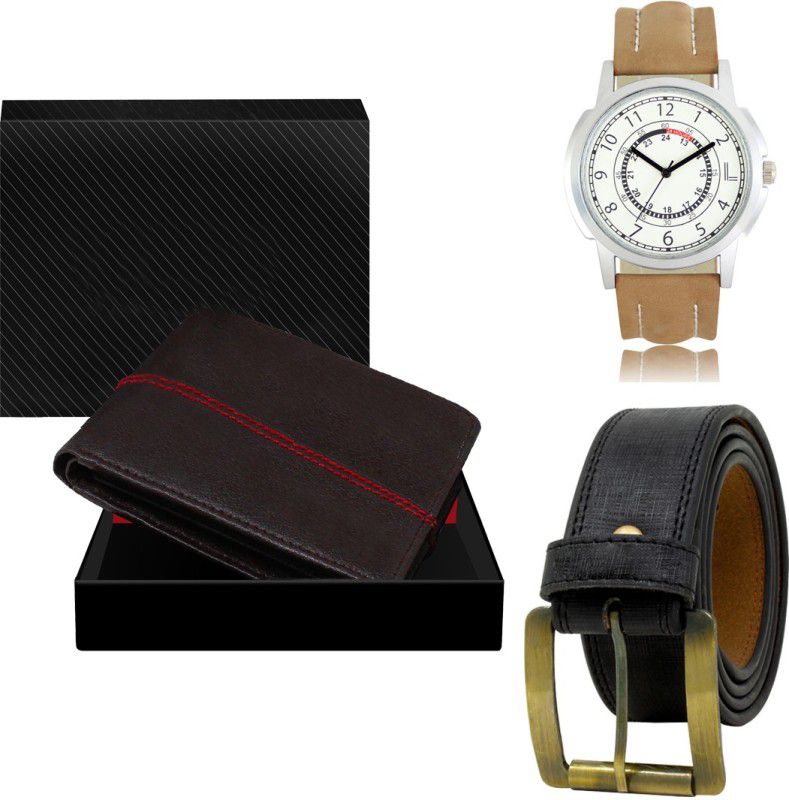 SWIFFIN Belt, Wallet & Watch Combo  (Black, Black, Brown)