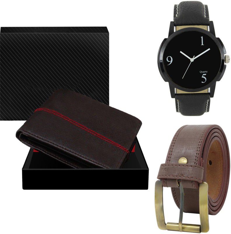 SWIFFIN Belt, Wallet & Watch Combo  (Black, Brown, Black)