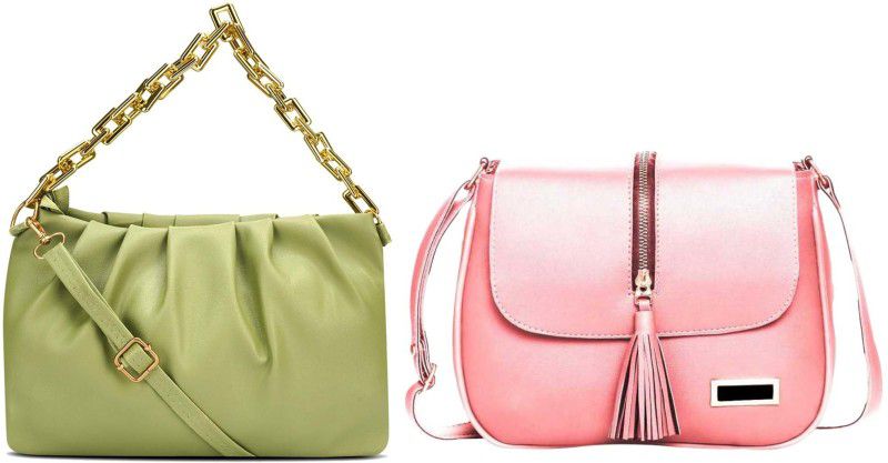 Green, Pink Sling Bag HB-98-grn-gldn-chain+bb-pnk-cnter-chain-sider-bag-cmbo  (Pack of 2)