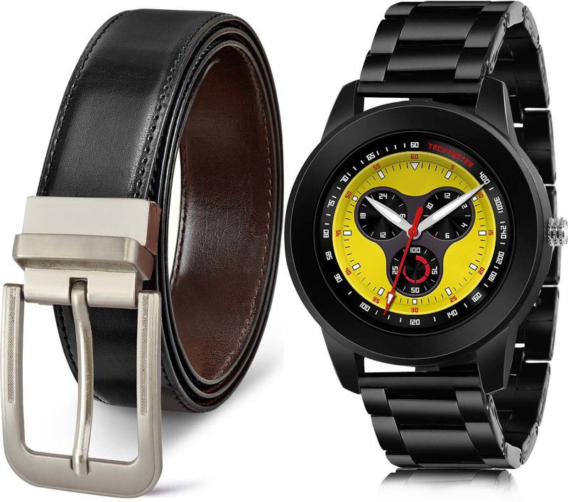 TIMENTER Watch & Belt Combo  (Black, Yellow)