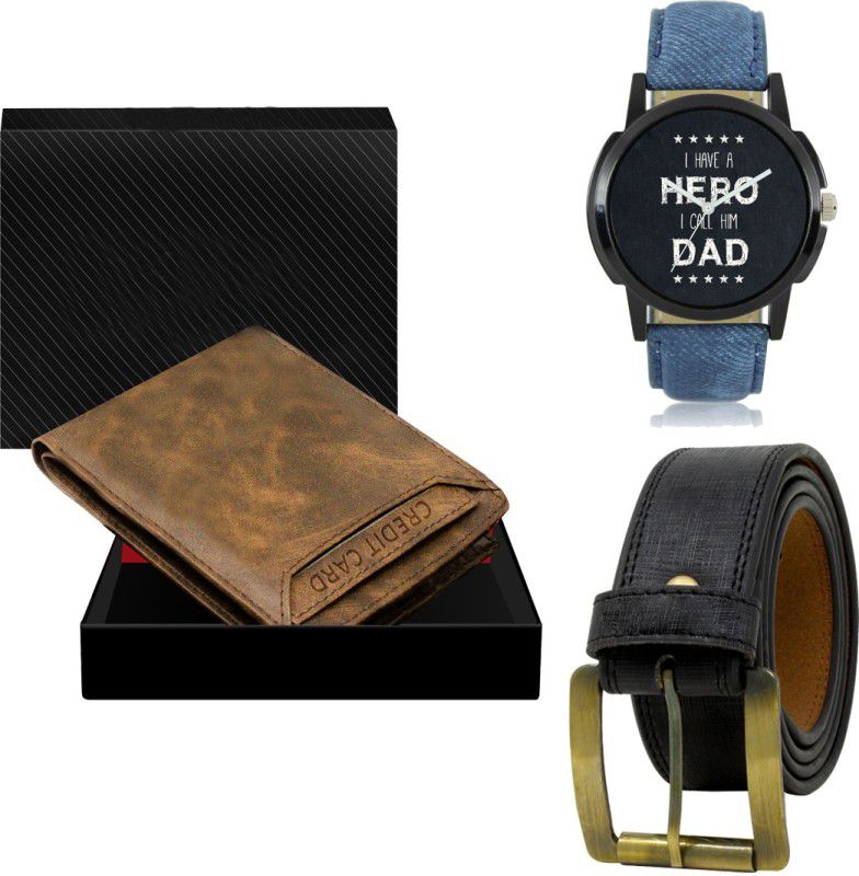SWIFFIN Belt, Wallet & Watch Combo  (Brown, Black, Blue)