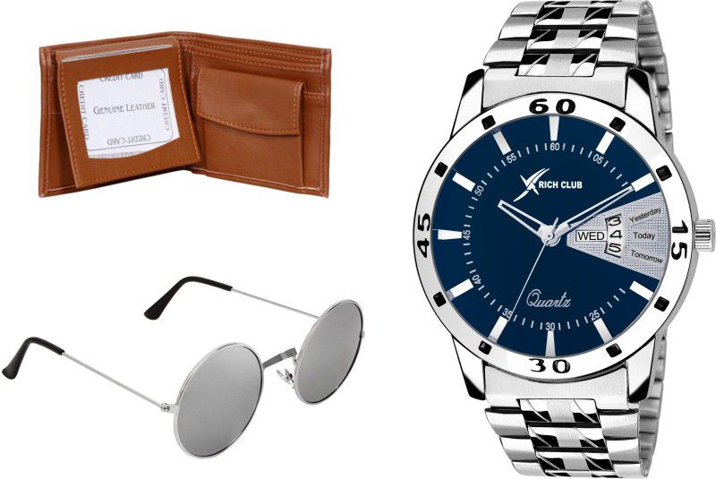 Rich Club Watch, Sunglass & Wallet Combo  (Blue, Brown)