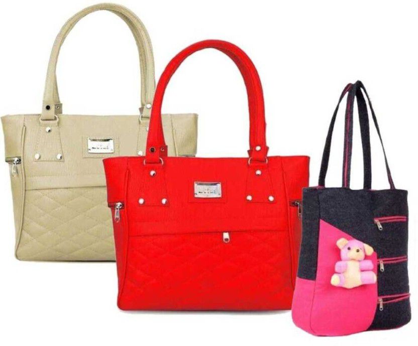 Women Red, Beige Handbag  (Pack of: 3)