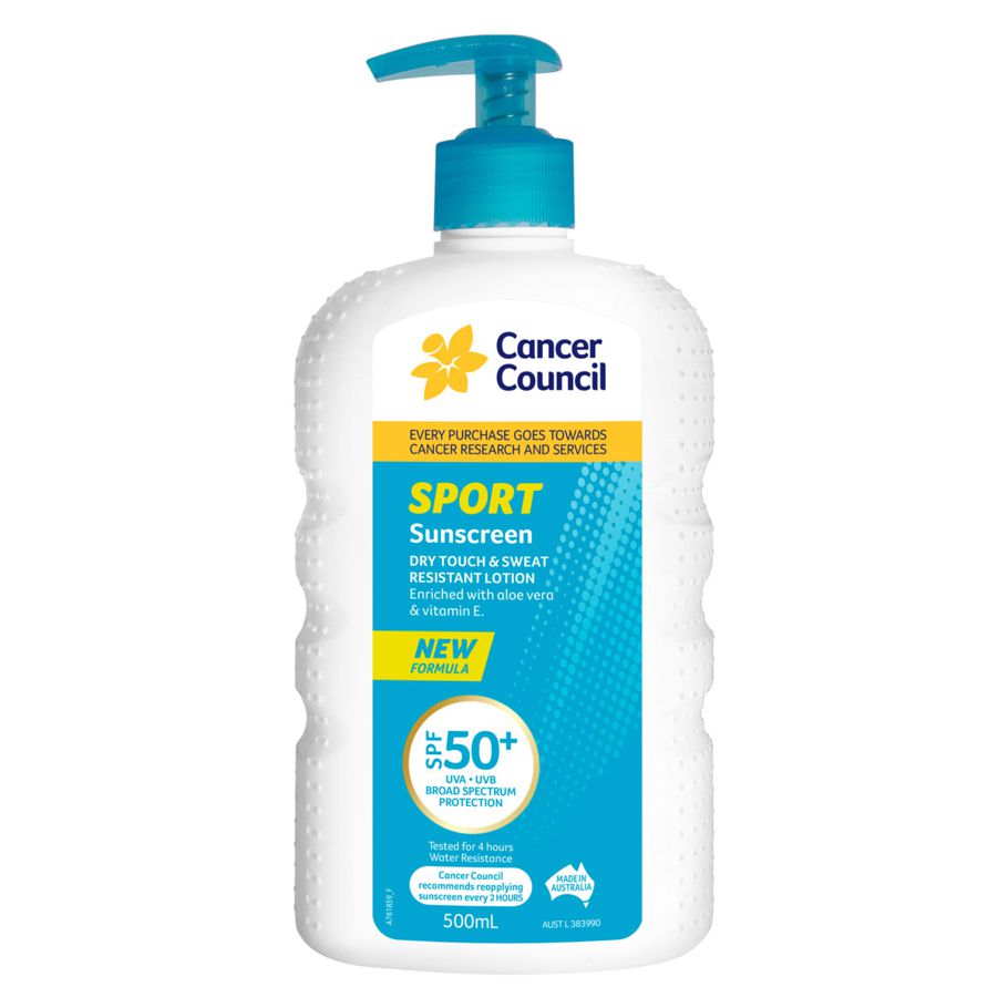 Cancer Council SPF 50+ Sport Dry Touch & Sweat Resistant Sunscreen Lotion 500ml - Aloe Vera and Vitamin E