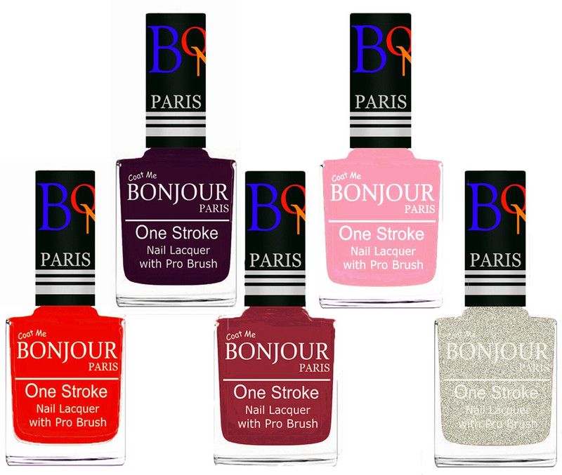 BONJOUR PARIS Stylish Nail Polish Set of 5 Pcs 01-02-03-30-38 Orange-Plum-Maroon-Baby Pink-Glitter White  (Pack of 5)