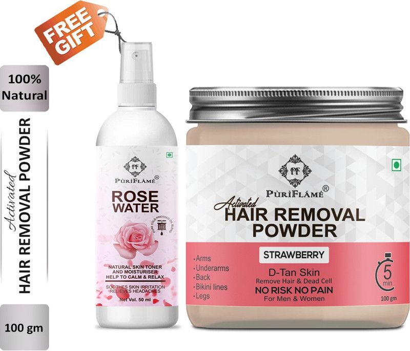 PuriFlame 100% Activated Hair Removal Powder (Strawberry Fragrance) For Underarms, Hand, Legs & Bikini Line Three in one Use For D-Tan Skin, Removing Hair, Remove Dead cell (For Easy Hair Removal No Risk No Pain) Men & Women 100 gms Cream  (100 g)