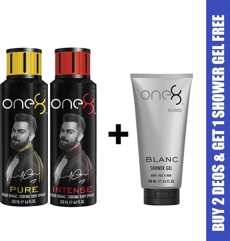one8 by Virat Kohli One8 Combo Buy 2 Deo's (Pure+Intense) and Get 1 Shower Gel Free (Blanc) Deodorant Spray - For Men  (500 ml, Pack of 3)