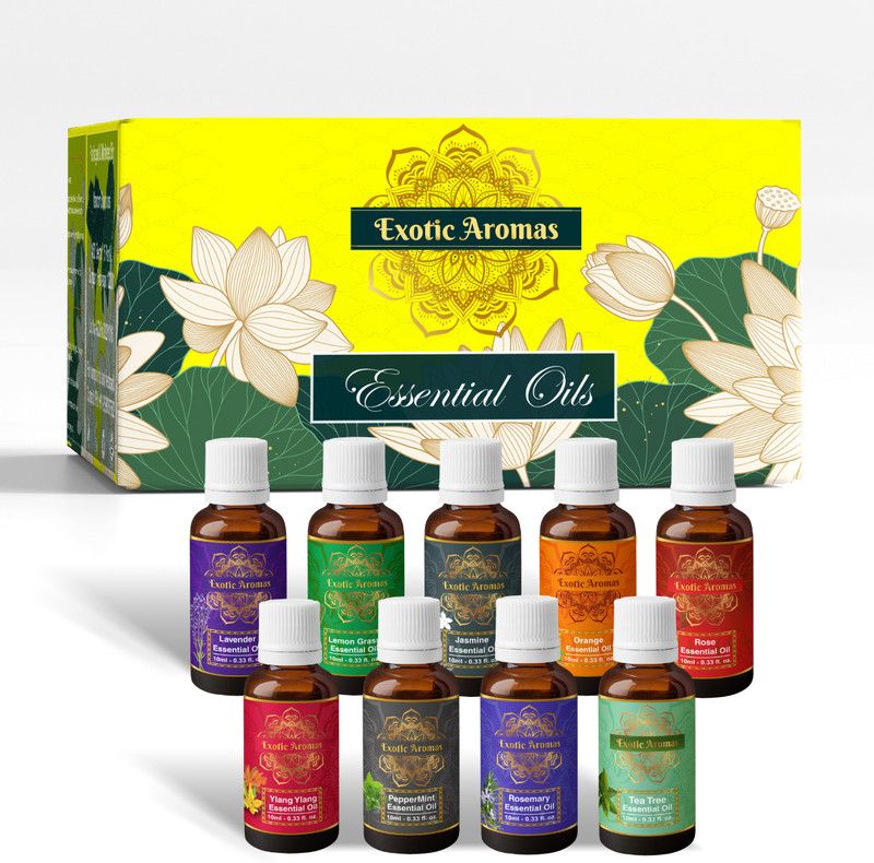 Exotic Aromas Essential Oil Pack of 9, Lavender, Rose, Tea Tree, Jasmine, Peppermint, Rosemary  (90 ml)