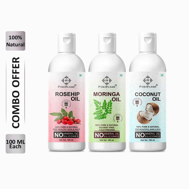 PuriFlame 100% Pure Rosehip Oil 100ML & Moringa Oil 100ML & Coconut Oil 100ML Combo Hair Oil  (300 ml)