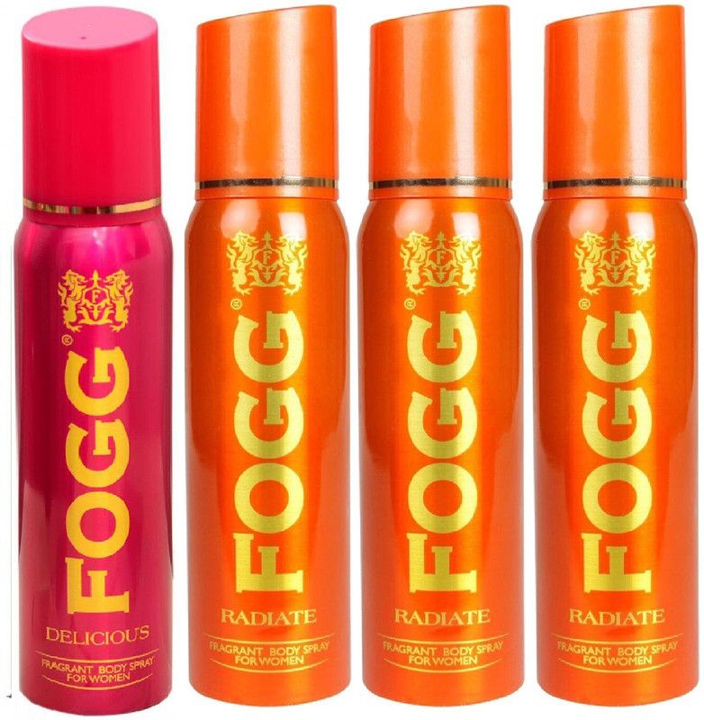 FOGG Regular Deo Combo Pack of 4 (Delicious+ 3 Radiate 480ml) Body Spray Deodorant Spray - For Men & Women  (480 ml, Pack of 4)