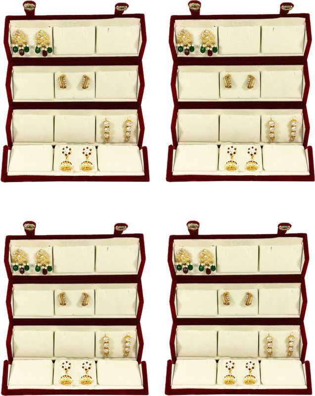 atorakushon 4 Piece Velvet 12 Pair Earring Folder Jewelry Organizer Box & Earrring Storage for Travelling Vanity Box  (Cream)