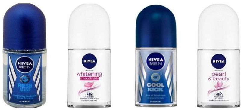 NIVEA Fresh Active , Whitening Smooth Skin , Cool Kick , Pearl & Beauty Deodorant Roll-on - For Men & Women  (100 ml, Pack of 4)