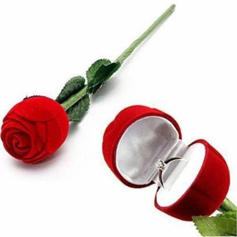 QBIC Rose Shaped Velvet Jewellery Ring Case with stem and leaves / Valentine Gift Box Ring Holdr Vanity Box  (Red)