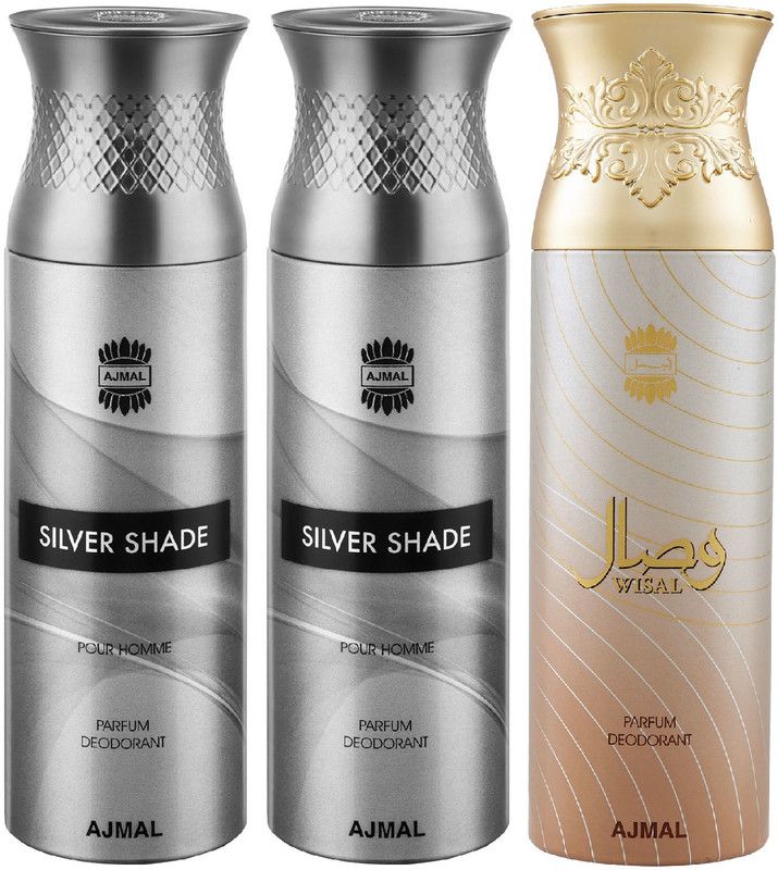 Ajmal Silver Shade & Silver Shade & Wisal DeodorantSpray + 3 Testers Deodorant Spray - For Men & Women  (200 ml, Pack of 3)