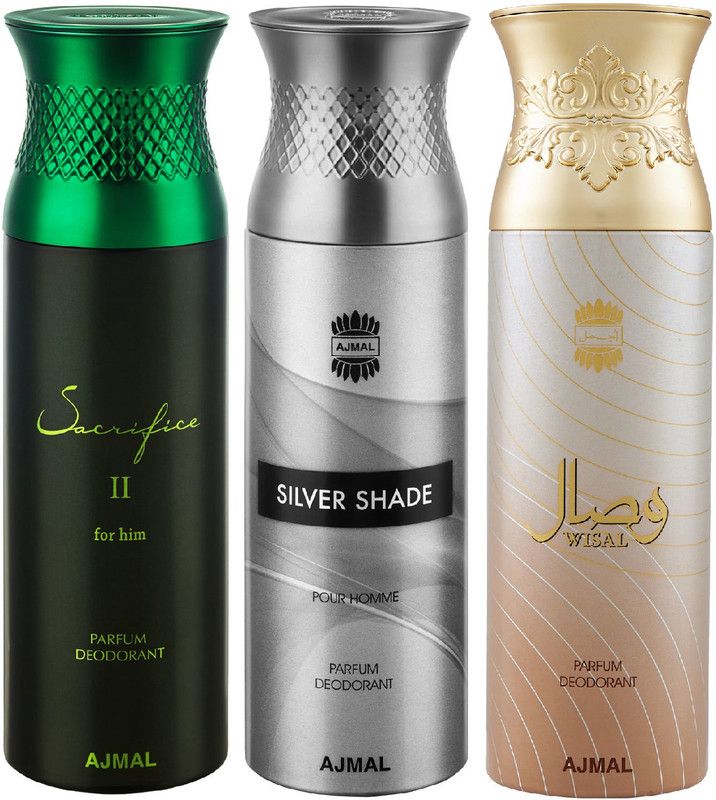 Ajmal Sacrifice II & Silver Shade & Wisal Deodorant Spray + 3 Testers Deodorant Spray - For Men & Women  (200 ml, Pack of 3)