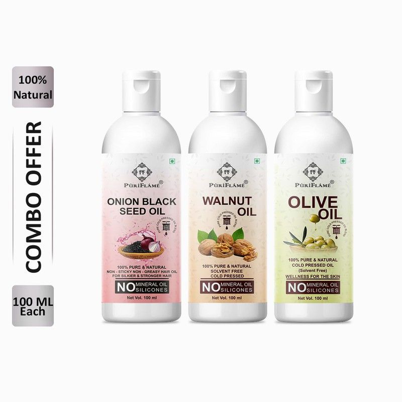 PuriFlame 100% Pure Onionblackseed Oil 100ML & Walnut Oil 100ML & Olive Oil 100ML Combo For Rapid Hair Growth, Anti Hair Fall, Split Ends & Promotes Softer & Shinier Hair (Pack Of 3) Hair Oil  (300 ml)