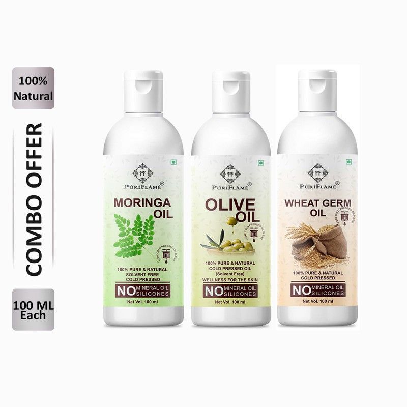 PuriFlame 100% Pure Moringa Oil 100ML & Olive Oil 100ML & Wheat Germ Oil 100ML Combo For Rapid Hair Growth, Anti Hair Fall, Split Ends & Promotes Softer & Shinier Hair (Pack Of 3) Hair Oil  (300 ml)