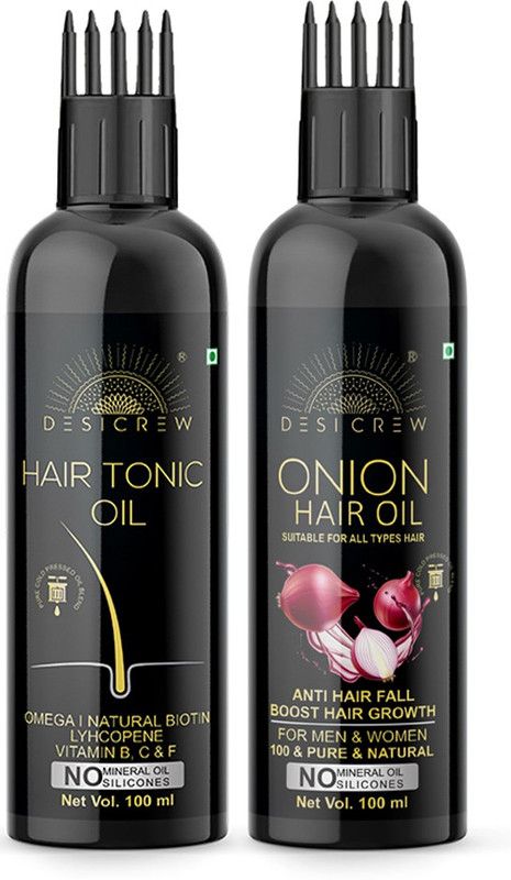 Desi Crew 100 % Pure Hair Tonic & Onion Hair - WITH COMB APPLICATOR - Cold Pressed - For Skin , Body & Hair Care Combo Of 2 Bottle 200 ml Hair Oil  (200 ml)