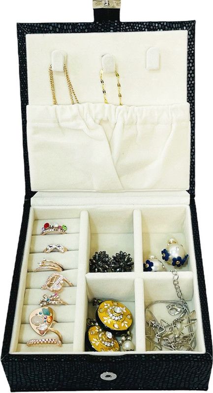 la trove Quirky Portable Jewellery Storage Box with Pocket Organizer Jewelry Box for Earings, Rings, Cufflinks and Hooks for Chains Travel Women Gift Organiser Vanity Box  (Black, 12.5x12.5x5 cm)