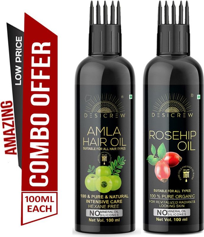 Desi Crew 100 % Pure Amla & Rosehip oil - WITH COMB APPLICATOR - Cold Pressed - For Skin , Body & Hair Care Combo Of 2 Bottle 200 ml Hair Oil  (200 ml)