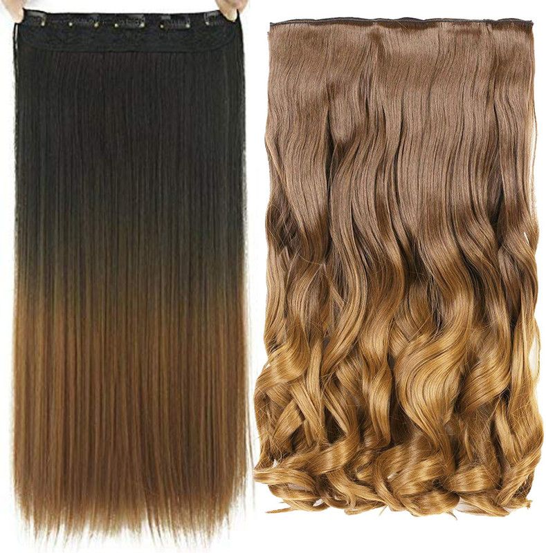 ASG Set of 2 Pcs 5 Clip Based Straight & Curly Extension / Wig for Women & Girls - 24 Inch (Ombre) Hair Extension