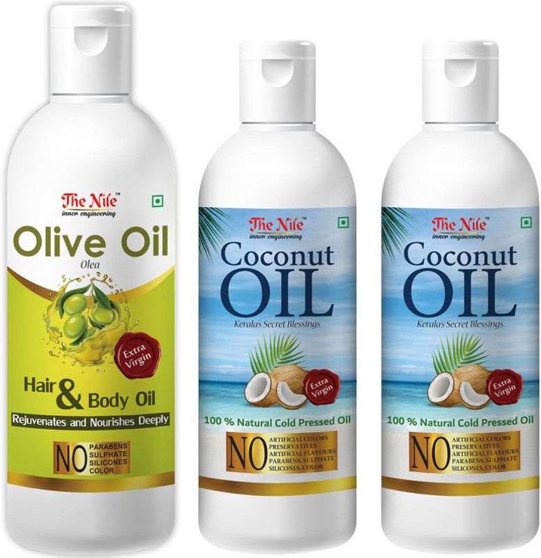 The Nile 100 % Pure Olive Oil To Support Hair Regrowth and Body, Rejuvenates and Nourishes Deeply 150 ML + 100 % Pure Coconut Oil, Natural Kerala Cold Pressed Oil 100 ML X 2 (200 ML) (Combo Pack of 3 Bottle) (350 ML) Hair Oil  (350 ml)