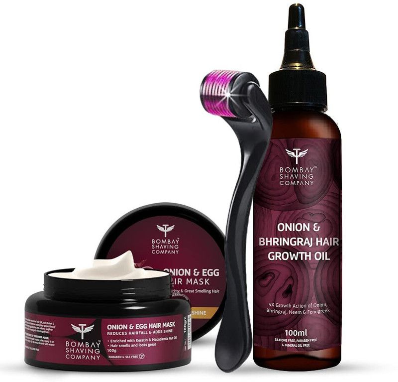BOMBAY SHAVING COMPANY Hair Growth Kit with Onion & Bhringraj Hair Growth Oil (100ml), Onion & Egg Hair Mask (100g) and Derma Roller  (200 ml)