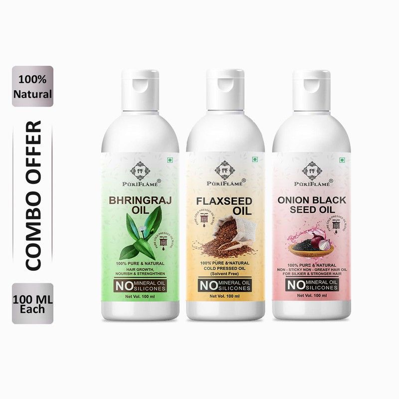PuriFlame 100% Pure Bhringraj Oil 100ML & Flaxseed Oil 100ML & Onionblackseed Oil 100 ML Combo For Rapid Hair Growth, Anti Hair Fall, Split Ends & Promotes Softer & Shinier Hair (Pack Of 3) Hair Oil  (300 ml)