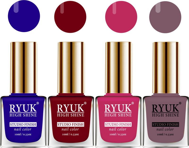 RYUK ® HD Colors Long Lasting Glossy Gel Effect Nail Paint 40 ml (RNP-68) Royal Blue, Blued Red, Magenta, Purple Nude  (Pack of 4)