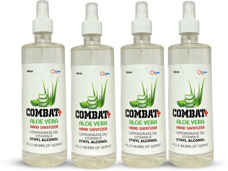 COMBAT PLUS Ethanol Aloe Vera|Ethanol 70%|Aloe Vera 29.6%|Vitamin E|100 ml*4|Mist Spray Hand Sanitizer Bottle + Dispenser  (4 x 100 ml)