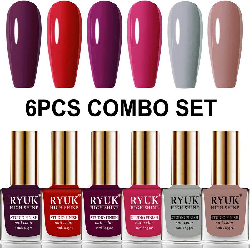 RYUK Long Shine HD Colors Nail Polish Combo Offer Set of 6 Pcs IRYNK-40 Wine, Red, Dark Maroon, Red Magenta, Light Grey, Brown  (Pack of 6)
