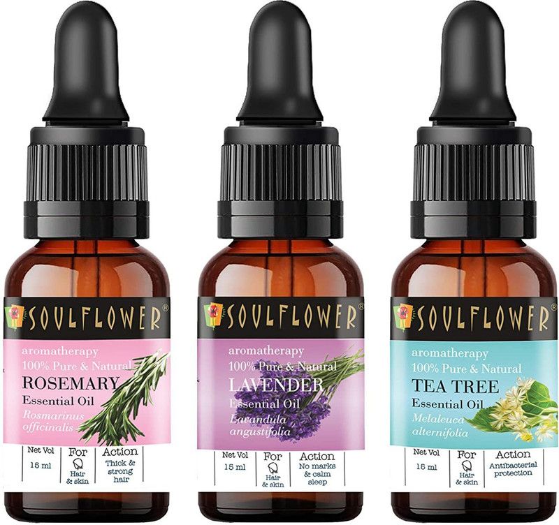 Soulflower Essential Oil Tea Tree 15ml, Lavender 15ml, Rosemary 15ml, 100% Premium & Pure, Natural & Undiluted, For Anti Dandruff, Hair Growth, Acne Control, Camphor Family Premium Oil  (45 ml)