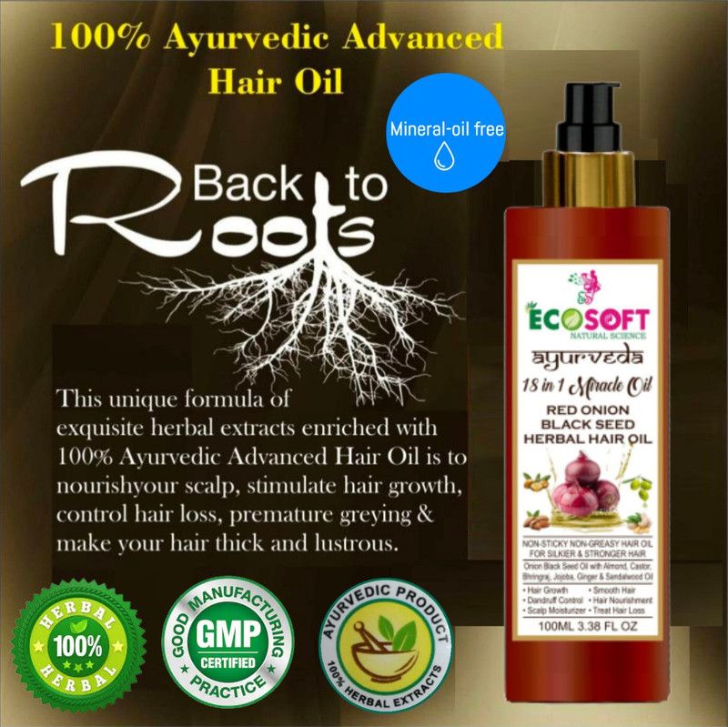 ECOSOFT AYURVEDA RED ONION OIL POWERFUL RED ONION OIL FOR HAIR GROWTH ,18 in ONE Miracle Red Onion Black Seed Herbal Hair Oil for Hair Growth with Argan,Jojoba, Aloevera,Ginger, Sandalwood,Bhringraj or VITAMIN E.(1) Piece Hair Oil  (100 ml)