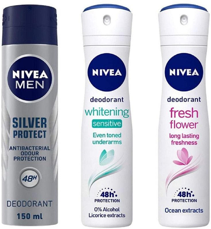 NIVEA Silver Protect Deo 150 ml , Whitening Sensitive Deo 150 Ml , Fresh Flower Deo 150 ml (Pack of 3) # 149 Deodorant Spray - For Men & Women  (450 ml, Pack of 3)