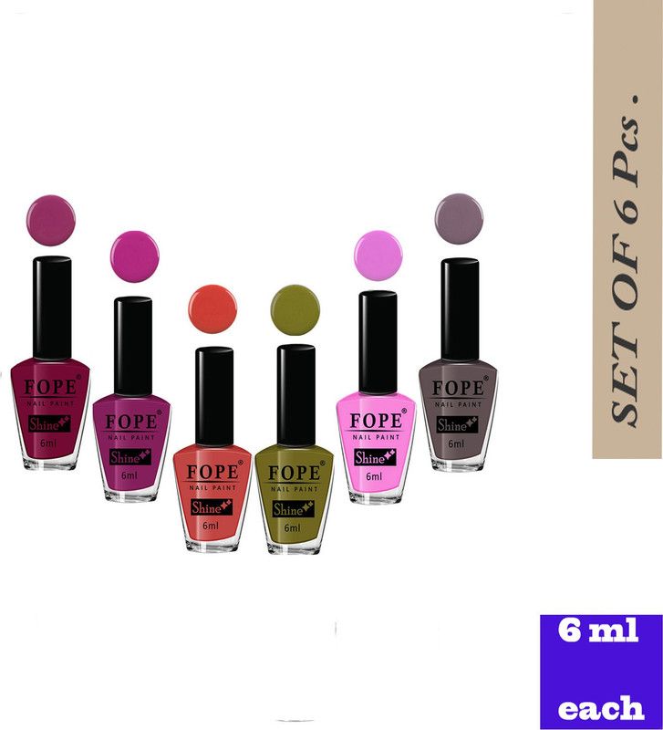 FOPE Long Shine Glossy Nail polish set-1-3Wine,Royal Magenta,Dark Peach Olive Green,Light Pink,Dark Nude,Wine,Royal Magenta,Dark Peach  (Pack of 6)