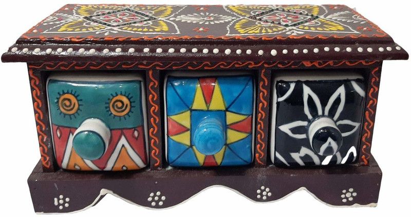 INDIA MEETS INDIA Wooden & Ceramic Small Chest of 3 Decorated Drawers Jewellery Organizer Handicraft (Brown) Jewellery Vanity Box  (Brown)