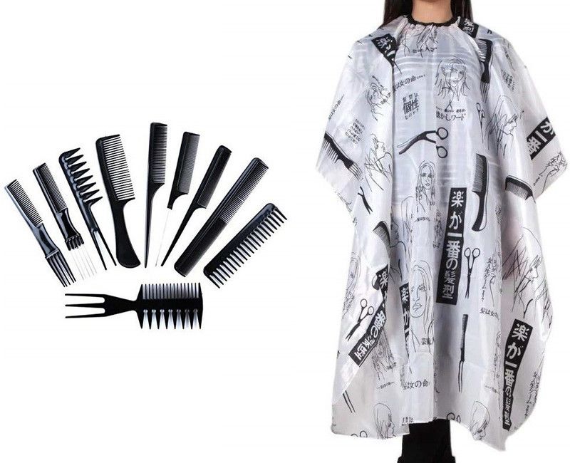 BIGWHEEL Combo Of Professional Hair Styling Combs Set With Printed Hair Cutting Sheet Makeup Apron