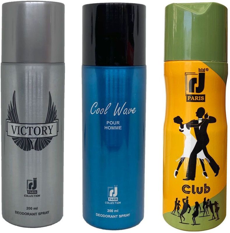 R J PARIS VICTORY + COOL WAVE POUR HOMME + CLUB Deodorant Spray - For Men & Women  (600 ml, Pack of 3)