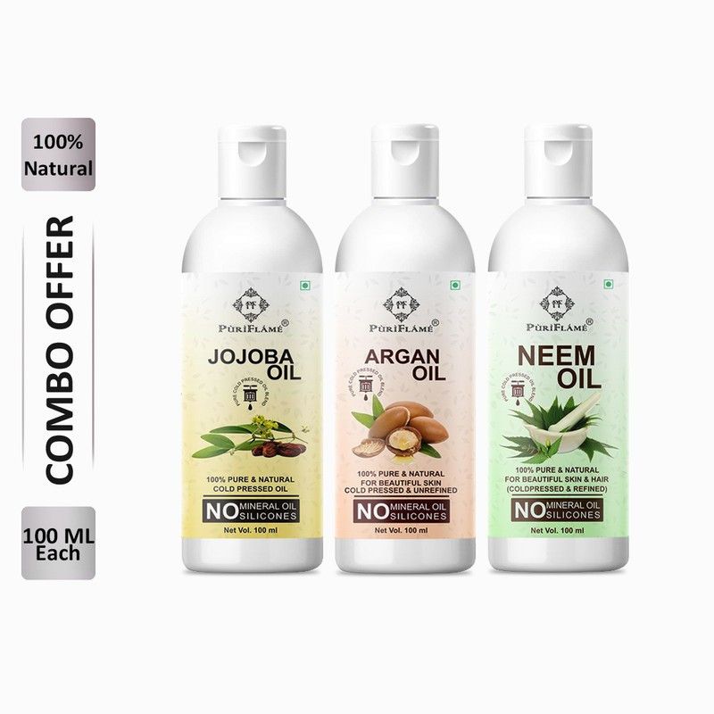 PuriFlame 100% Pure Jojoba Oil 100ML & Argan Oil 100ML & Neem Oil 100ML Combo For Rapid Hair Growth, Anti Hair Fall, Split Ends & Promotes Softer & Shinier Hair (Pack Of 3) Hair Oil  (300 ml)