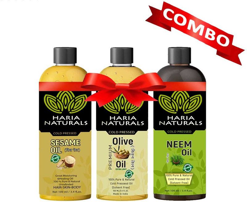 Haria Naturals 100% Cold Pressed Sesame Oil & Olive Oil & Neem Oil 100 ml Hair Oil (Combo Pack of 3 Bottles) 300 ml Hair Oil  (300 ml)