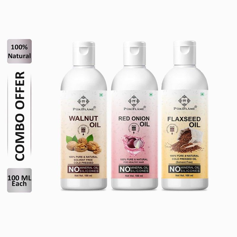 PuriFlame 100% Pure Walnut Oil 100ML & Red Onion Oil 100ML & Flaxseed Oil 100ML Combo For Rapid Hair Growth, Anti Hair Fall, Split Ends & Promotes Softer & Shinier Hair (Pack Of 3) Hair Oil  (300 ml)