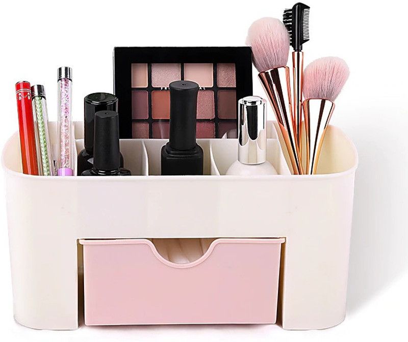 Trendegic Multi-Functional 7 Compartment Plastic Cosmetic Storage Organizer with Drawer Makeup Brush Pen Holder Jewellery Vanity Box  (White, Pink)
