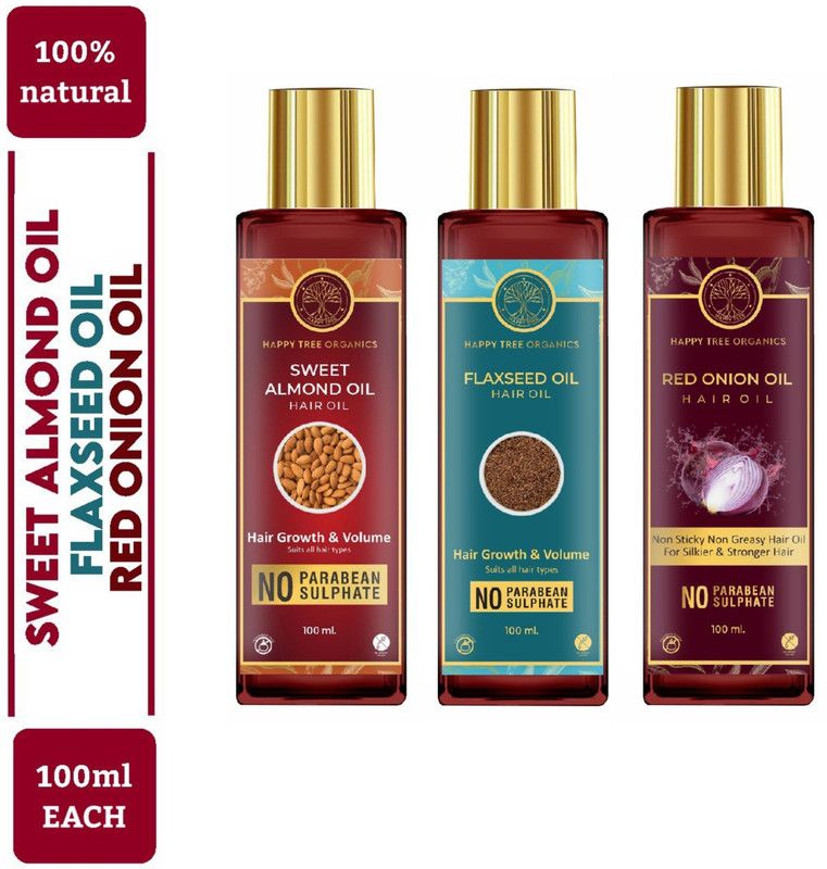 Happytree Organics Sweet Almond Oil + Flaxseed Oil + Red Onion Oil Hair Oil  (300 ml)