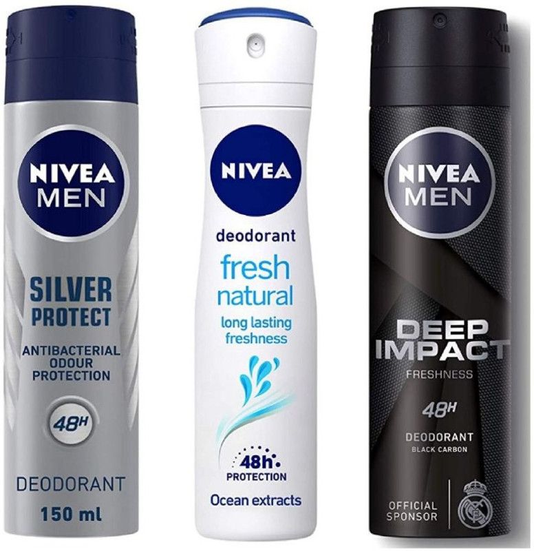 NIVEA Silver Protect Deo 150 ml , Fresh Natural Deo 150 Ml + Deep Impact Deo 150 ml (Pack of 3) # 97 Deodorant Spray - For Men & Women  (450 ml, Pack of 3)